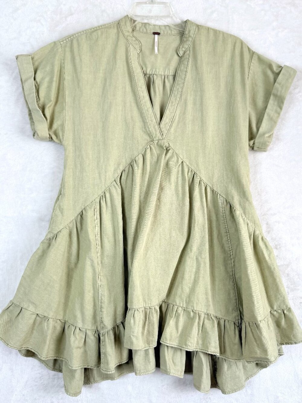 Free People Agnes Oversized Ruffle Denim Babydoll Mini Dress XS Light Green Boho